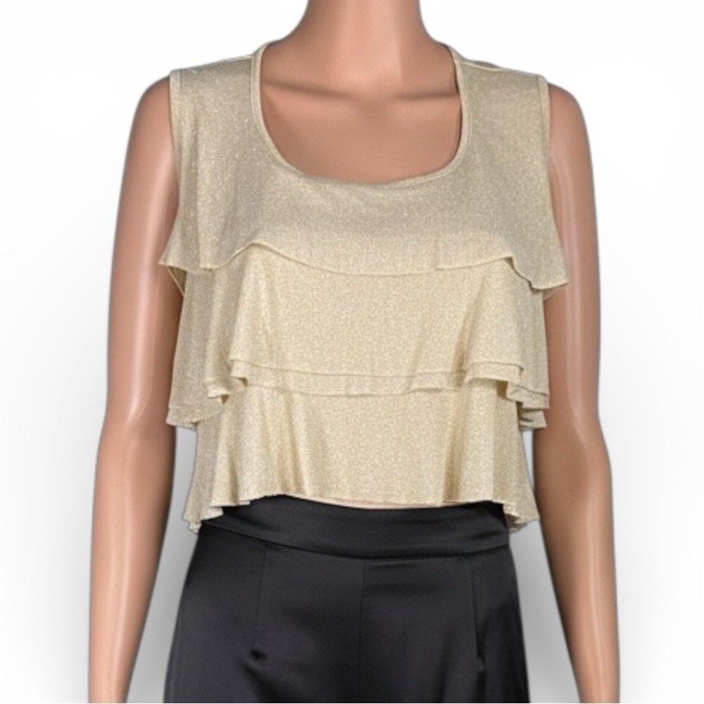 Chico's‎ Gold Metallic Tiered Ruffle Tank Top Sleeveless Shimmer Blouse Size 1 M